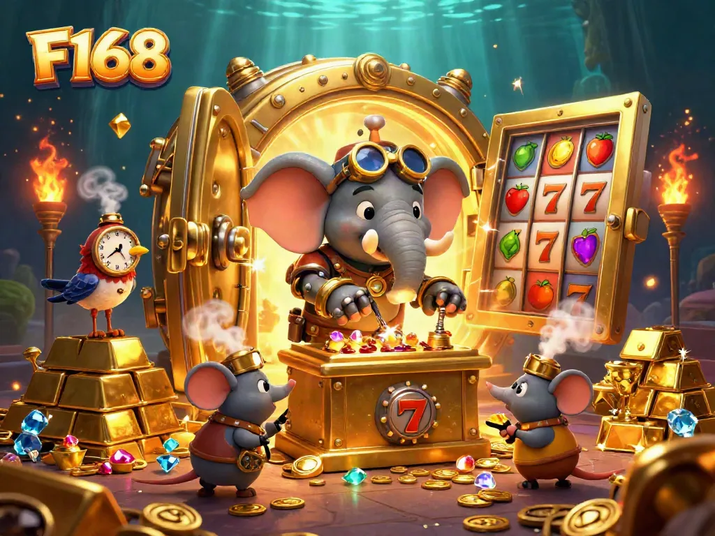 Experience thrilling slots with F168 featuring a steampunk elephant and treasure in a vibrant casino scene.