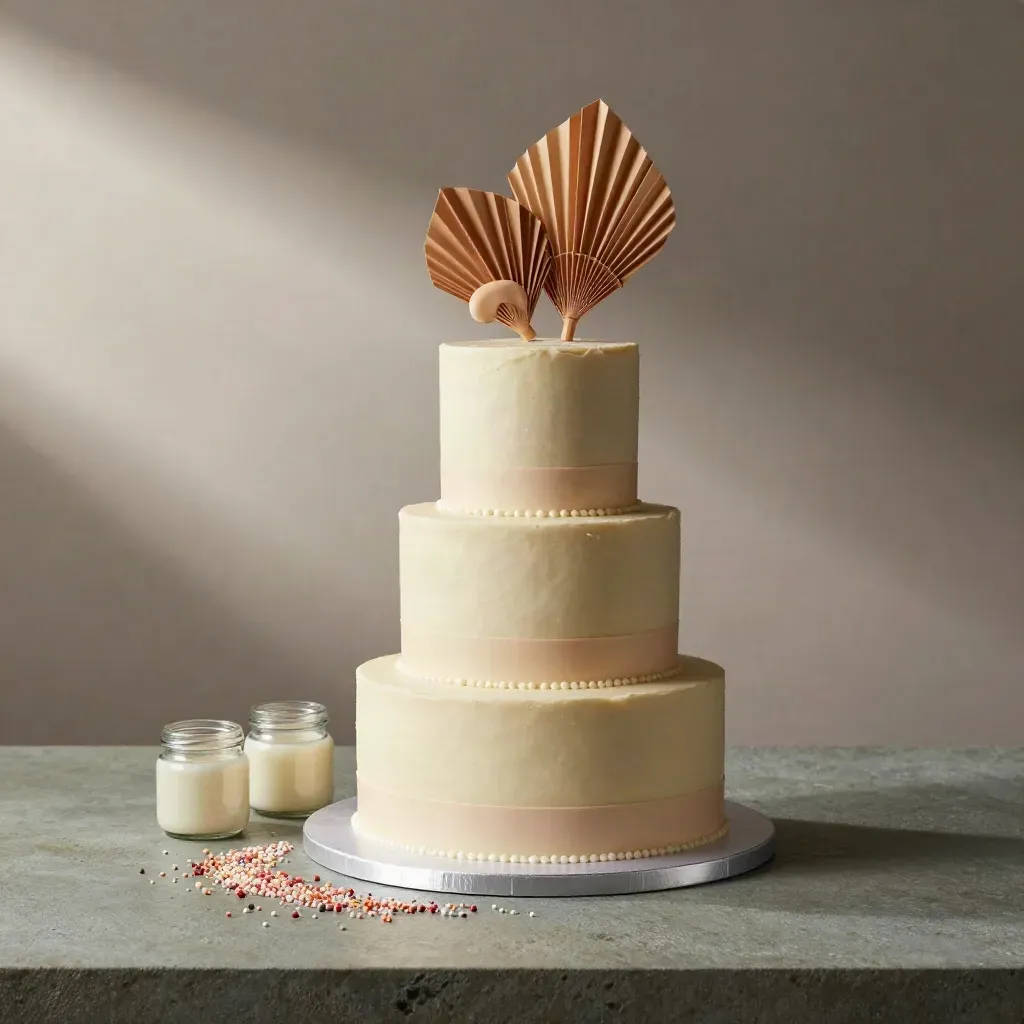 Taartdecoratieset met toppers, sprinkles en fondant op een neutrale steenachtige ondergrond.