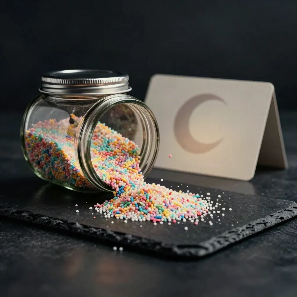Pot sprinkelmix met regenboogsprinkles in een boog op donkere ondergrond