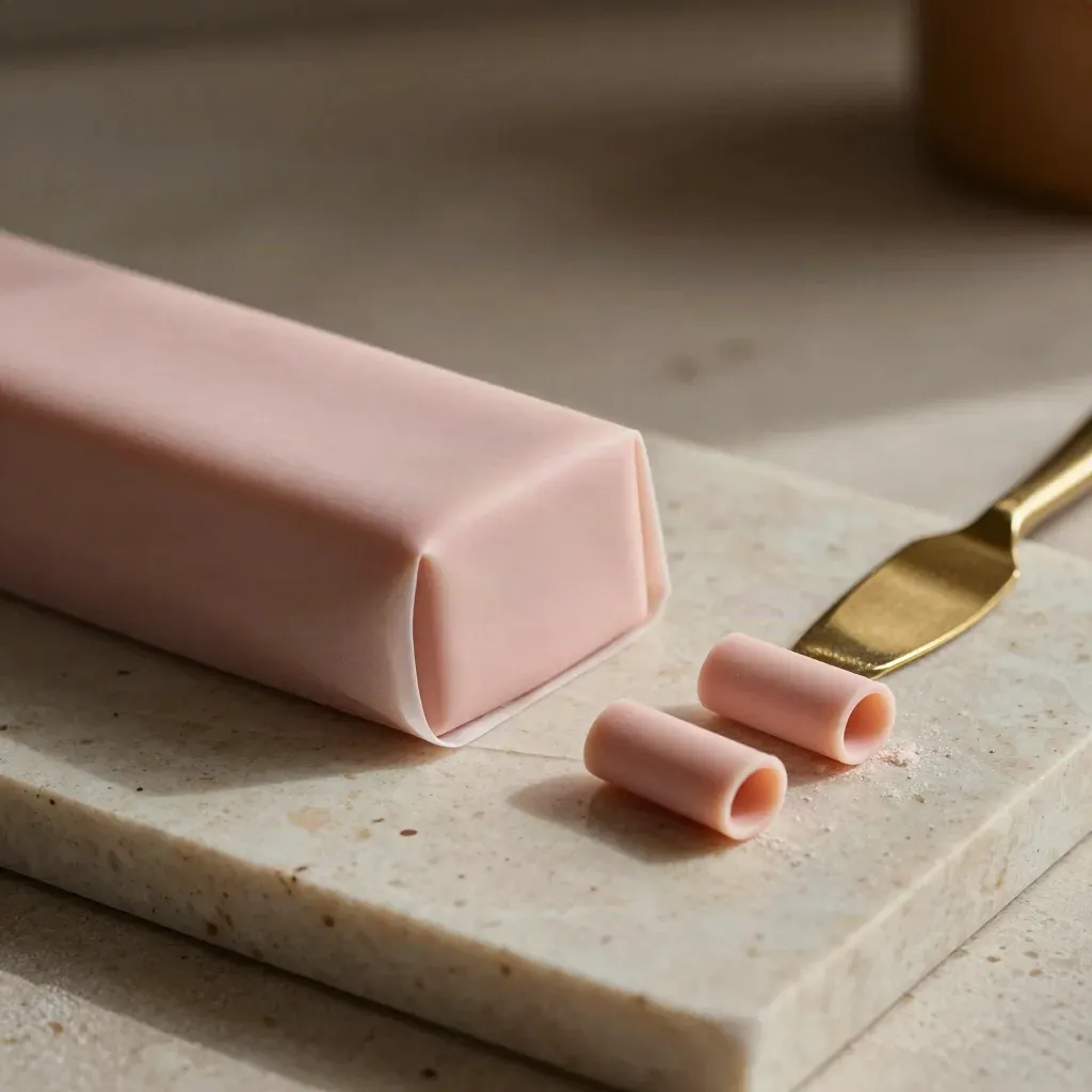 Roze fondantpak op travertin met rolletjes fondant en een gouden spatel