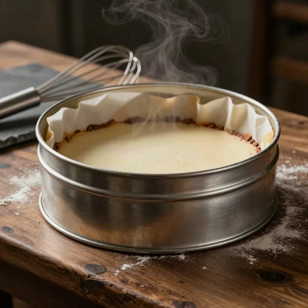 Metalen ronde taartvorm met bakpapier, garde, bloemstof en warme ovennevel.