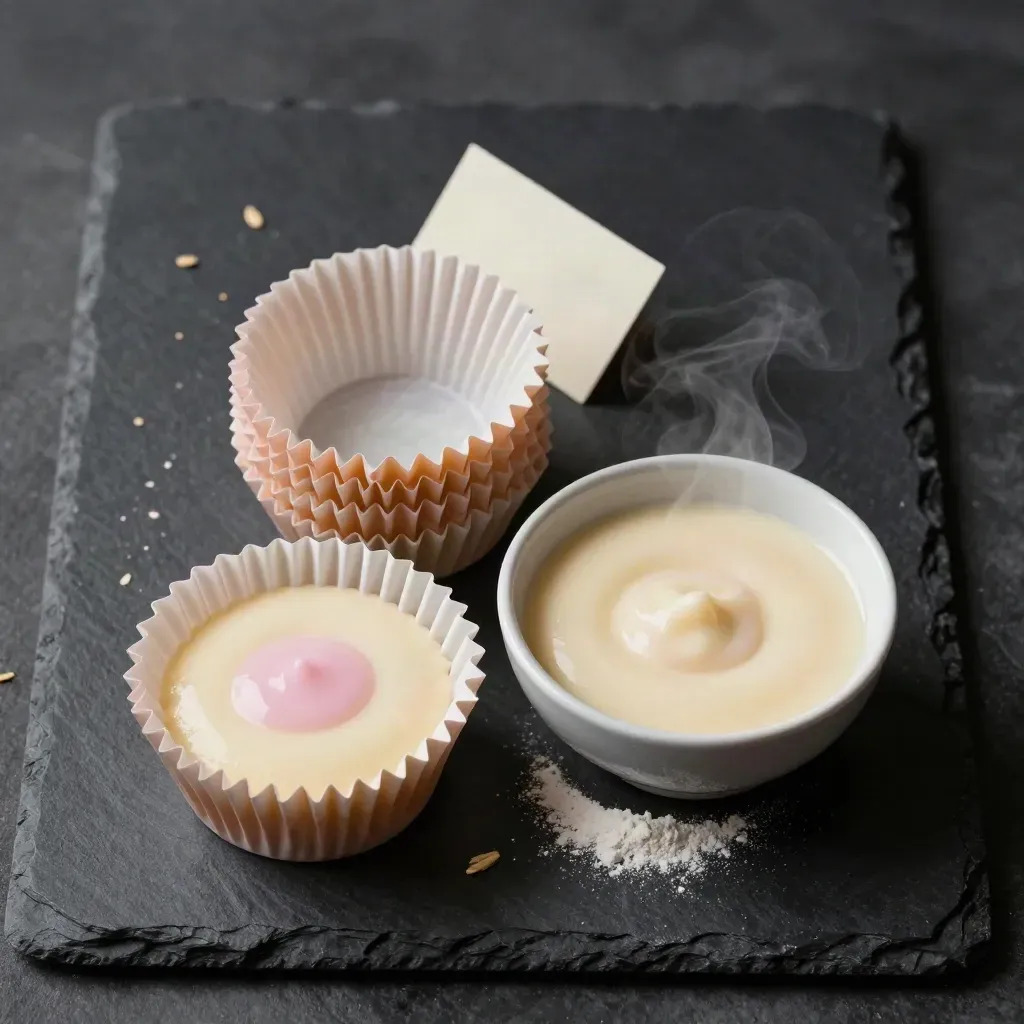 Crèmekleurige cupcakevormpjes naast beslag op donkere steen, van boven gefotografeerd.