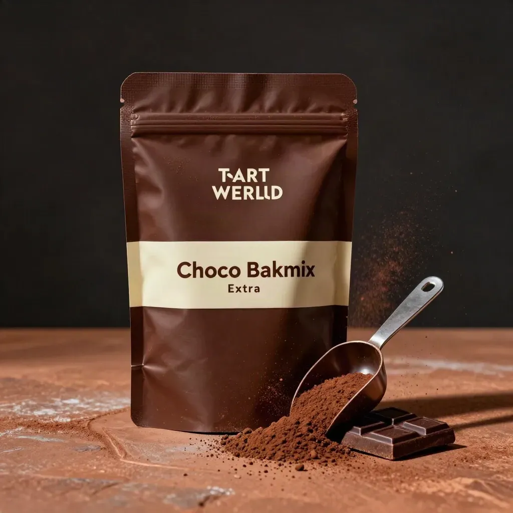 Zakje chocolademix met cacao, chocoladestuk en schepje op terracotta ondergrond.