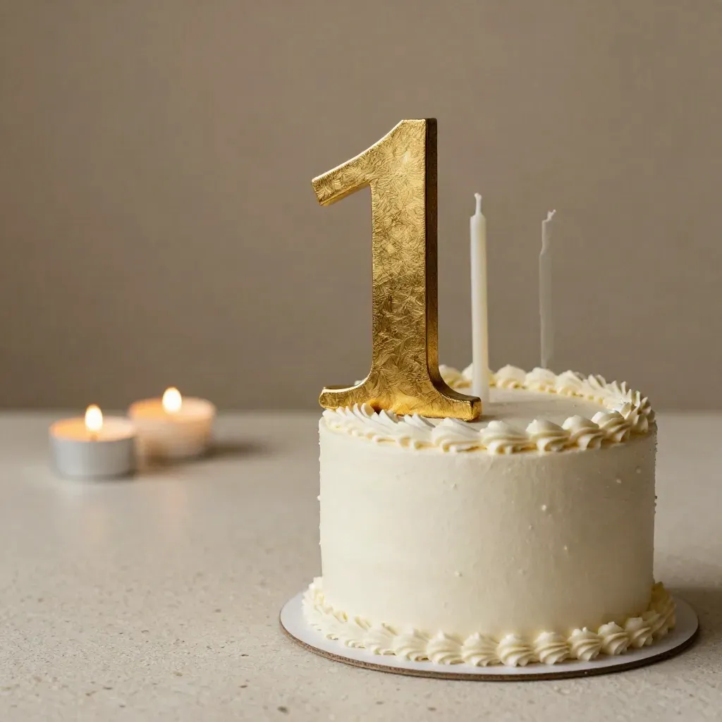 Gouden caketopper naast klein witte botercrèmetaart met twee kaarsjes op travertijn.