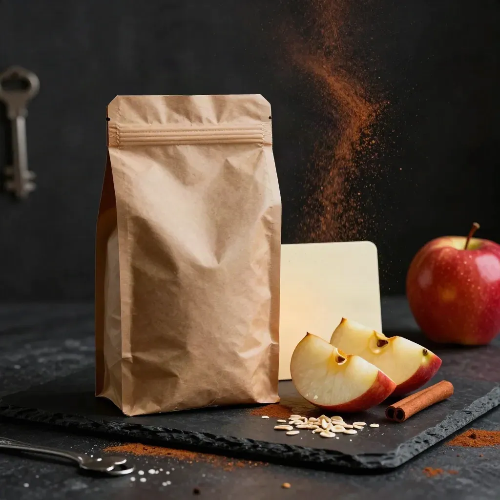 Bakmix voor appel kaneel met appels, kaneelstokjes en haver op donkere steen in dramatisch licht.