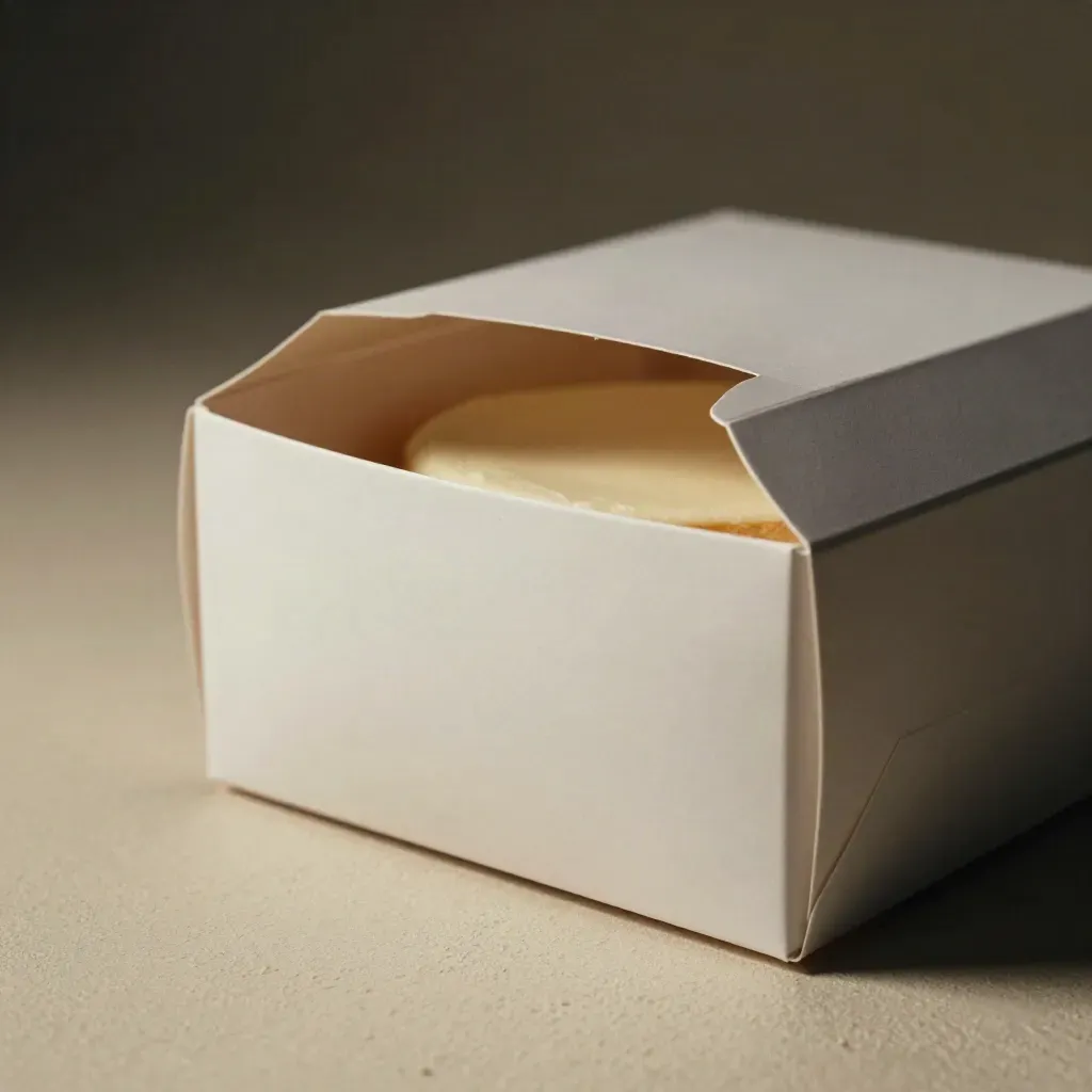 Witte taartdoos met halfopen deksel en cakeboard op lichte steen, zacht studio-licht