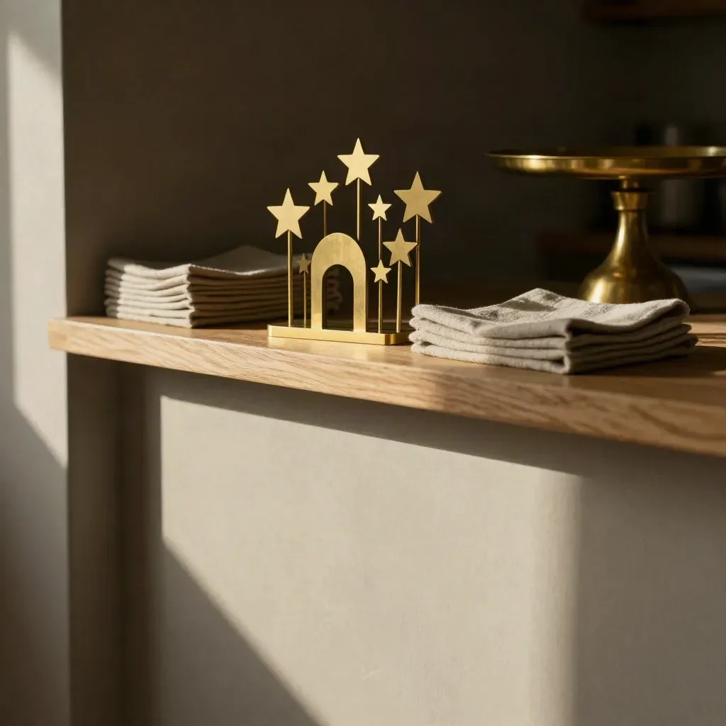 Brass cake toppers op een eiken plank met cakeboards en linnen in warm zacht licht