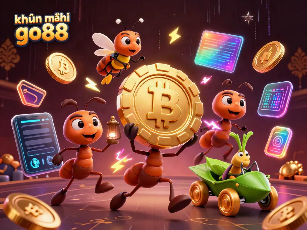 Experience exciting khuyến mãi go88 with playful ants on a heist amidst neon-lit casino elements.