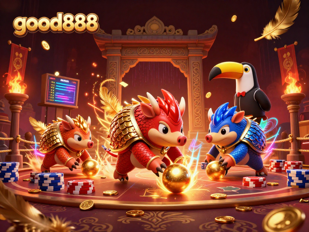 good888 features vibrant pangolins competing in a 3D gaming showdown with poker elements and golden coins.