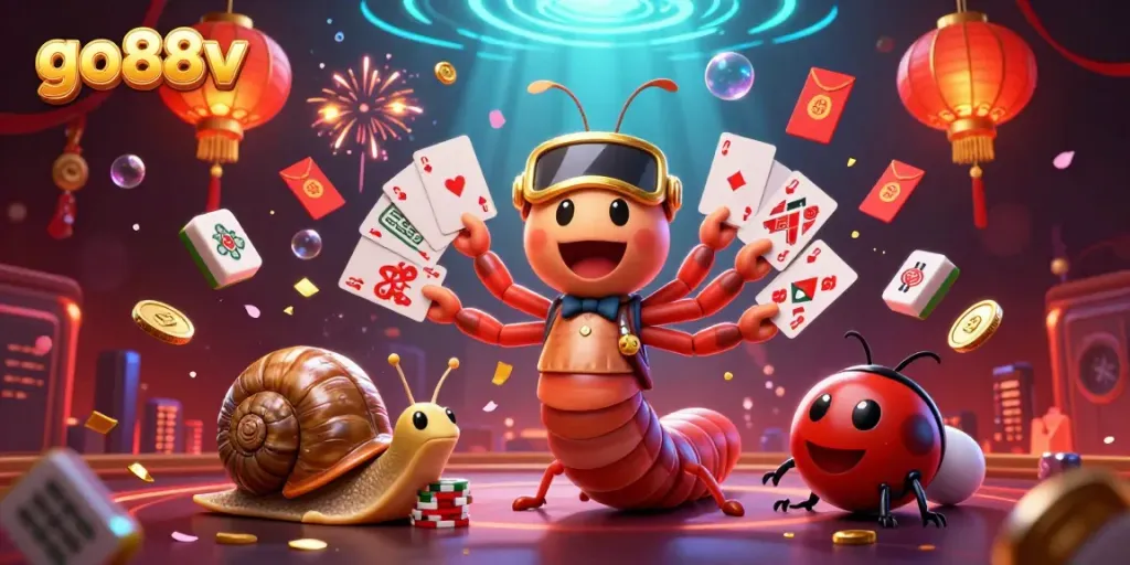 Experience thrilling gameplay at go88v with a cartoon millipede dealer and exciting casino elements.