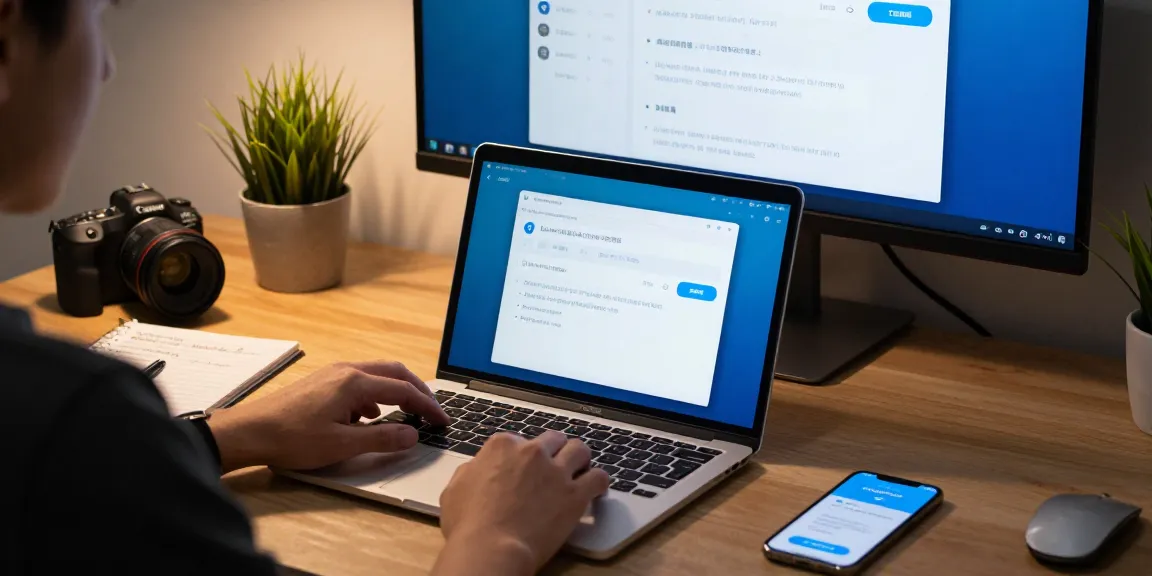 Setting up Telegram Chinese Version on a laptop in a professional workspace, showcasing tech accessories and instructional details.