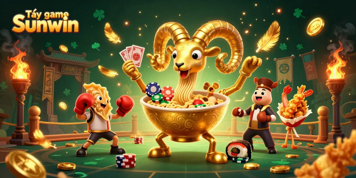 Tải game Sunwin features a vibrant illustration of a golden ramen bowl character engaging in exciting gambling activities.